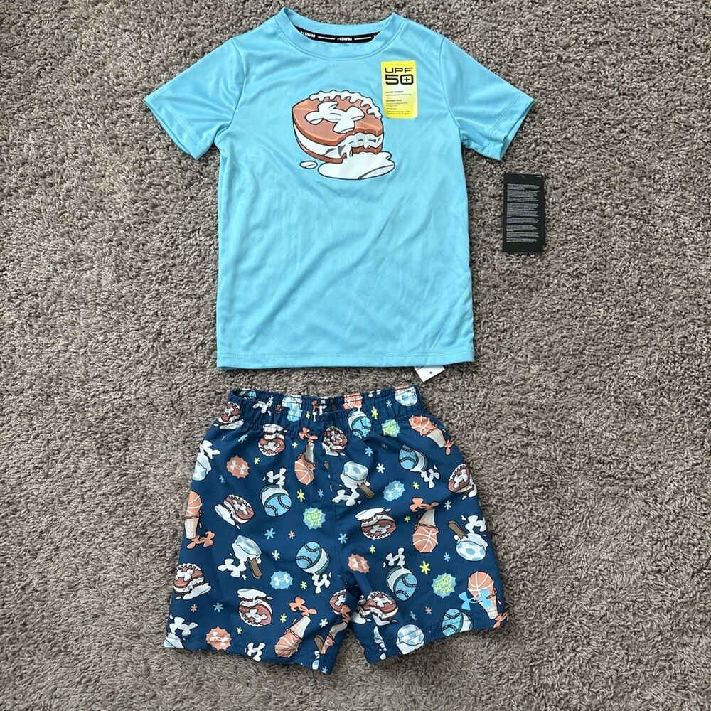 Under Armour Boys Rashguard & Swim Trunk  2PC Set UPF50 Size 5 New Blue Sports